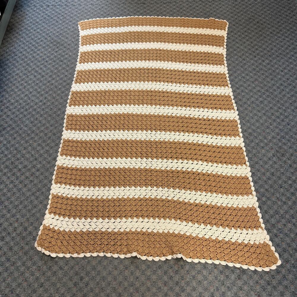 Handmade Crochet Striped Throw Blanket 68x45 Tan White Neutral Cottagecore
